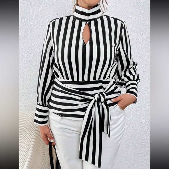 Plus Size Striped Long Sleeve Shirt Top Blouse Black White - Picture 3 of 5